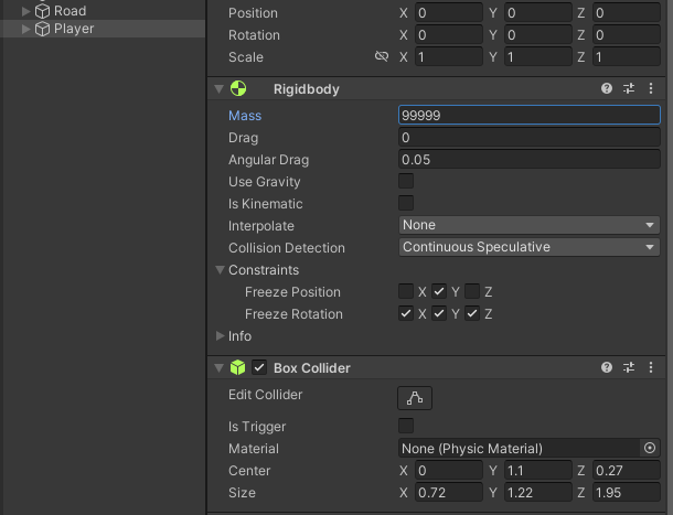 Player collider and rigidbody settings